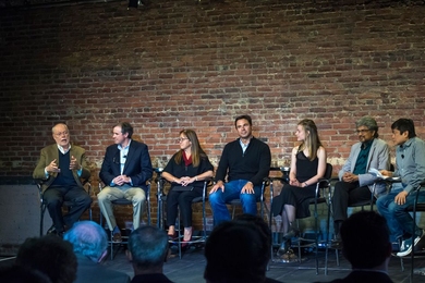 A panel of innovation experts spoke at an Oct. 26 event celebrating the launch of The Engine. (Left to right): Phil Sharp, Institute professor at MIT and co-founder of Biogen; Jay Bradner, president of The Novartis Institutes for Biomedical Research; Sue Siegel, CEO of GE Ventures; Antonio Rodriguez, general partner at Matrix Partners; Leslie Dewan, co-founder and CEO of Transatomic Power; Guru Ba...