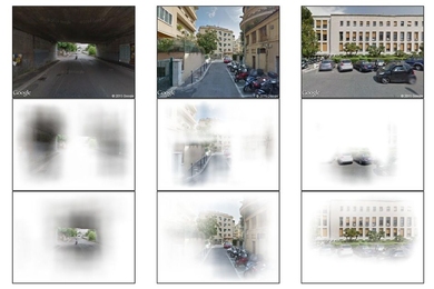 Researchers used sample images, like the ones on the top row, to identify several visual features that are highly correlated with judgments that a particular area is safe or unsafe. The left side shows a low level of safety while the right shows a high level. Highlighted areas on the middle row show “unsafe” areas while the bottom row shows “safe” areas in the image. 