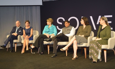 MIT Technology Review editor-in-chief and publisher Jason Pontin moderates a panel with semifinalists in the Solve: Learn crowdsourced ideas contest.