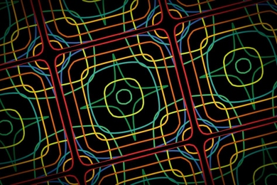 This image shows simulated iso-frequency contours of a photonic crystal slab superimposed on each other and tiled. 