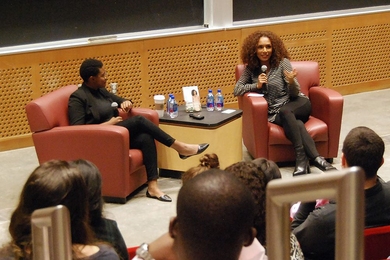 Author and guest speaker Janet Mock (right) and discussion moderator Syn Odu