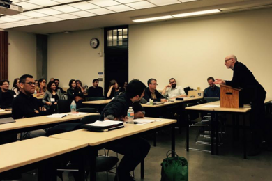 Professor Mark Jarzombek (right) discusses curriculum issues with other architectural historians and university instructors at an annual meeting of the Global Architectural History Teaching Collaborative. 