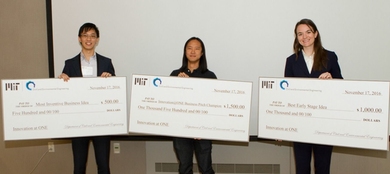 At Innovation@ONE, the Most Inventive Business Idea was presented to Jingjie Yeo (left) of Accuro Pressure Silk; the Business Pitch Champion was awarded to Justin Chen (center) of Motus View; and the Best Early Stage Idea was awarded to Paige Midstokke (right) of Safe Tap.
