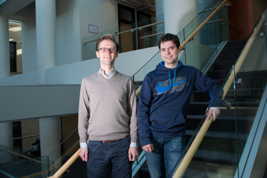 MIT postdoc Jörn Venderbos (left) and graduate student Vladyslav Kozii co-authored a new paper with Biedenharn Career Development Assistant Professor of Physics Liang Fu proposing that a class of superconducting materials can host Majorana fermions near absolute zero, and their existence can be verified using nuclear magnetic resonance.