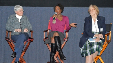 "Hidden Figures" author and producer Margot Lee Shetterly fields a question at the MIT pre-release screening of the film based on her book. MIT Museum Director of Collections Deborah Douglas (left) and Institute Professor Sheila Widnall were also on the post-screening discussion panel.