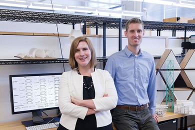 Caitlin Mueller, a professor in the MIT departments of Architecture and Civil and Environmental Engineering (left), and architecture grad student Nathan Brown have performed analyses showing how a computer simulation can help architects optimize energy consumption when they’re defining the shape of a building early in the design process.