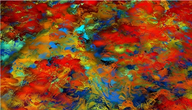 This example of a 3-D ladar point cloud shows a fully foliated field site. Color indicates elevation above the ground, with red tones indicating a higher elevation value (for example, tree tops and vegetation) and blue tones indicating lower elevation value (ground-level vegetation and the ground itself).