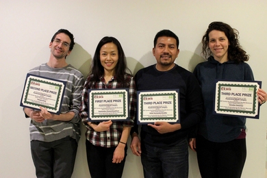 CEHS postdoc winners, from left to right: Yehuda Brody (2nd place), Supawadee Chawanthayatham (1st place), and Victor Hernandez-Gordillo and Annelien Zweemer (3rd-place tie).