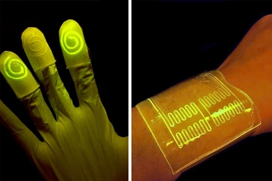 Researchers have found that the hydrogel’s mostly watery environment helps keep nutrients and programmed bacteria alive and active. When the bacteria reacts to a certain chemical, the bacteria are programmed to light up, as seen on the left.
