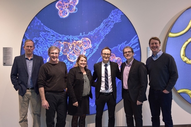 Coming together for immuno-oncology: (l-r) Dane Wittrup, Tyler Jacks, and Anne Deconinck of the Koch Institute; and Christopher Arendt, Jesus Gomez-Navarro, and Nicholas Ferenc of Takeda.