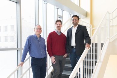 MIT professors Richard Braatz, J. Christopher Love, and Kripa Varanasi (pictured l-r) will collaborate with partners from University College London, and the University of Kansas to develop a next-generation manufacturing platform to produce certain vaccines for less than 15 cents a dose.