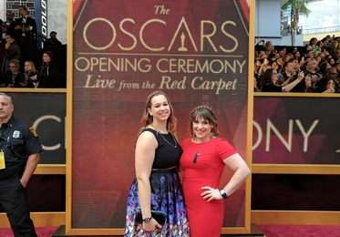 Clara Dresselhaus (left) and MIT graduate student Leora Cooper experience the red carpet at the 2017 Academy Awards, through sponsorship from GE. The women were invited to walk in honor of their grandmother, the late Mildred Dresselhaus, who starred in a recent GE campaign focused on supporting women in the STEM fields.