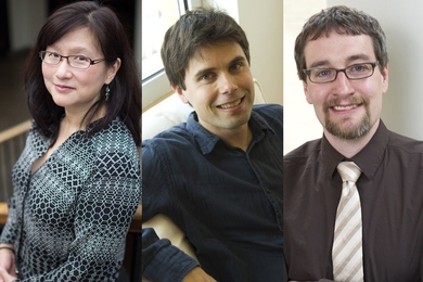 MIT professors Maria Yang (left), Caspar Hare (center), and Scott Hughes have been named 2017 MacVicar Fellows. 