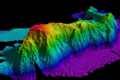 A map of a seamount in the Arctic Ocean created by gathering data with a multibeam echo sounder. Researchers have found that such topographic features can trap deep waters and produce turbulence.