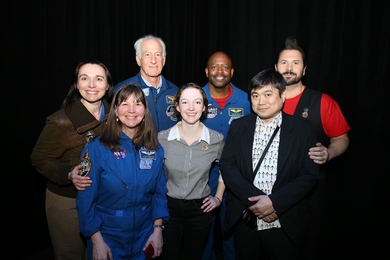 Astronauts and organizers of Beyond the Cradle gathered at the Media Lab on March 12. Back row, left to right:  HI-SEAS IV Mars simulation participant Sheyna Gifford, NASA astronauts Jeff Hoffman and Leland Melvin, and PhD student Dan “Novysan” Novy. Front row, left to right: NASA astronaut Cady Coleman '83, PhD student Ariel Ekblaw, Media Lab Director Joi Ito. 