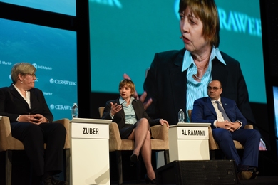 MIT Vice President for Research Maria Zuber takes part in a panel on post-Paris Agreement climate and energy strategies at CERAWeek 2017 in Houston, Texas.