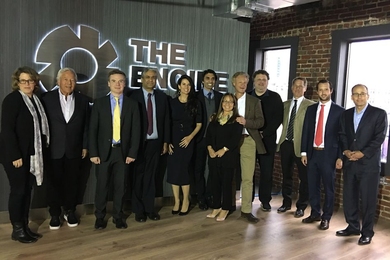 Members of The Engine's Board of Directors and Investment Advisory Committee at The Engine headquarters in Central Square (from left to right): Katie Rae, Robert Kraft, israel Ruiz, Anantha Chandrakasan, Linda Pizzuti Henry, Amir Nashat, Sue Siegel, David Fialkow, Jeremy Wertheimer, Brad Powell, Felipe Chico, and Jonathan Kraft.