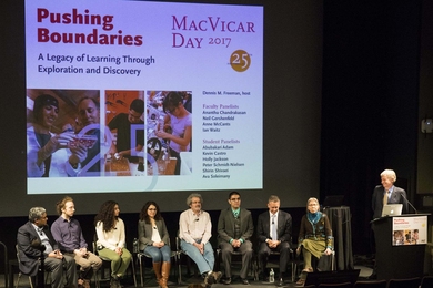 Panelists at MacVicar Day 2017: (l-r) Anantha Chandrakasan, Peter Schmidt-Nielsen, Ava Soleimany, Shirin Shivaei, Neil Gershenfeld, Kevin Castro, Ian Waitz, Anne McCants, and Dennis Freeman.