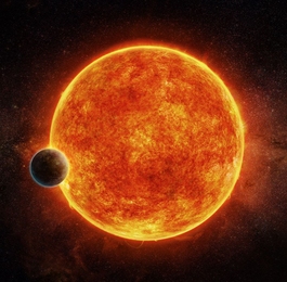 An artist’s impression of the newly-discovered rocky exoplanet, LHS 1140b, located in the liquid water habitable zone surrounding its host star, a small, faint red star named LHS 1140. The planet weighs about 6.6 times the mass of Earth and is shown passing in front of LHS 1140. Depicted in blue is the atmosphere the planet may have retained. 