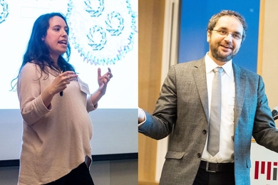 Assistant Professor Gabriela Schlau-Cohen (left) and Associate Professor Mircea Dincă explored how their research at the microscopic level can help address big challenges.