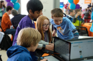 Throughout Scratch Day, children from the Boston area and farther afield collaborated on computing projects at the MIT Media Lab.