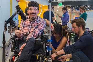 At the 2017 ATHack-a-thon, Team Alex created a wheelchair attachment and web interface that allows Alex to control a video camera with his feet.