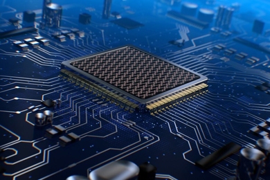 This futuristic drawing shows programmable nanophotonic processors integrated on a printed circuit board and carrying out deep learning computing.
