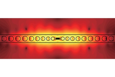 A micrograph of the MIT researchers’ new device, with a visualization of electrical-energy measurements and a schematic of the device layout superimposed on it.