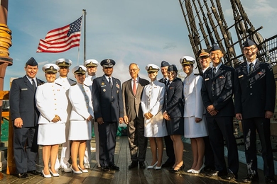 Officers surround honorable guest Air Force General Darren W. McDew (at center) and MIT President Rafael L. Reif during the 2017 commissioning ceremony for the MIT’s Reserve Officers Training Corps. More than 12,000 officers have been commissioned from MIT since the program’s origin, and more than 150 have reached the rank of general or admiral.