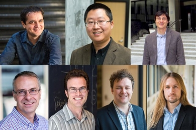 The School of Science newly-tenured professors for 2017 include (clockwise from top left): Mircea Dincă, Liang Fu, Jeff Gore, Jeremiah Johnson, Bradley Pentelute, Jesse Thaler, and Matthew Vander Heiden.