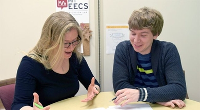 Graduate students Samantha Dale Strasser and Greg Stein are among the trained advisors working in the EECS Communication Lab. 