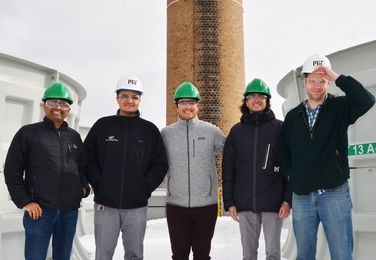 The Varanasi research group visits the MIT Central Utilities Plant cooling towers, where they will test their water-recapture technology with support from the new Campus Sustainability Incubator Fund. 