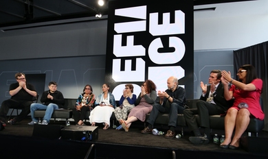 Left to right: LinkedIn co-founder Reid Hoffman and Media Lab Director Joi Ito joined Disobedience Award finalists Phyllis Young and LaDonna Brave Bull Allard; Betina Kaplan and Lorgia García-Peña; and James Hansen; along with winners Marc Edwards and Mona Hanna-Attisha.