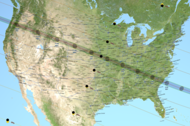 A map of the United States shows the path of totality for the August 21 solar eclipse.