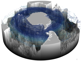 This model illustrates the three-dimensional upward spiral of North Atlantic deep water through the Southern Ocean. 
