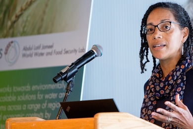 Erica James, associate professor of medical anthropology and urban studies in the Department of Urban Studies and Planning, co-presents with Dennis McLaughlin, H.M. King Bhumibol Professor in the Department of Civil and Environmental Engineering (not pictured) on the results of their research project, Leverage Points: Opportunities for Increasing Food Production in Developing Countries, funded by ...