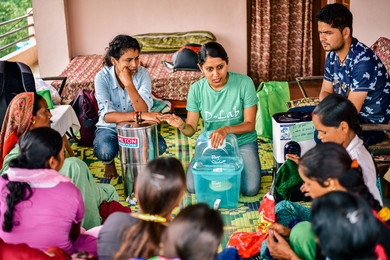 D-Lab research associate Megha Hegde and two local students from India conduct a hands-on workshop on water filters with the women of Mujholi village in Ranikhet, Uttarakhand, India, for the new xylem filter technology, funded by J-WAFS Solutions.
