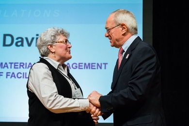 President L. Rafael Reif (right) congratulates Ruth T. Davis, a 2017 Excellence Award recipient.