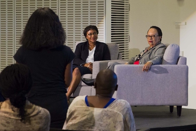 Shirley Jackson (right) answers a question from the audience at an event recounting her experiences as an MIT student and as a leader in nuclear science and higher education. MIT Professor Paula Hammond (left), head of the Department of Chemical Engineering, led the discussion. 