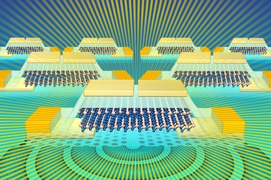 Researchers have designed a light-emitter and detector that can be integrated into silicon CMOS chips. This illustration shows a molybdenum ditelluride light source for silicon photonics.
