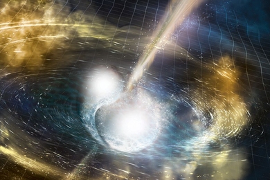 Artist’s illustration of two merging neutron stars. The rippling space-time grid represents gravitational waves that travel out from the collision, while the narrow beams show the bursts of gamma rays that are shot out just seconds after the gravitational waves. Swirling clouds of material ejected from the merging stars are also depicted. The clouds glow with visible and other wavelengths of lig...