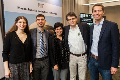 Members of MIT's panel on the LIGO observation of a merger of neutron stars, (left to right) Anna Frebel, Salvatore Vitale, Nergis Mavalvala, Erik Katsavounidis, and Matthew Evans, pose for a photo at the Oct. 16 event.