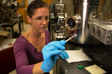 Stephanie Bauman, an intern in the Materials Process Center and Center for Materials Science and Engineering's 2017 Summer Scholar program, holds a sample of manganese gallium, a new material known as an antiferromagnet, that can serve as the basis for long lasting, spintronic computer memory devices. She worked in the lab of assistant professor of electrical engineering Luqiao Liu.