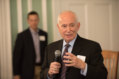 MIT AIM Photonics Academy Executive Director Lionel Kimerling speaks during a meeting at Stonehill College in Easton, Massachusetts, on Nov. 14. “With the help of the state, Massachusetts can be the Silicon Valley for the growth of ultra-high performance communications systems using integrated photonics,” he said.   
