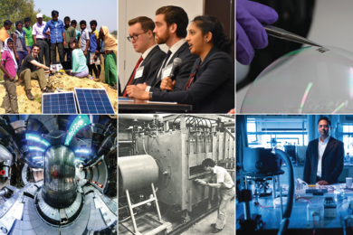 Top row (l-r): Tata Center spinoff Khethworks develops affordable irrigation for the developing world; students discuss utility research in Washington; thin, lightweight solar cell developed by Professor Vladimir Bulović and team. Bottom row (l-r): MIT's record-setting Alcator tokamak fusion research reactor; a researcher in the MIT Energy Laboratory's Combustion Research Facility; Professor Krip...