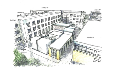 The new Wright Brothers Wind Tunnel will be situated in the same location as its predecessor. Building 17, which is located to the right of the tunnel and contains its controls, will have a new structure added to the rear for an elevator and access bridge to AeroAstro’s Neumann Hangar.