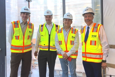 Touring the MIT.nano site are (l-r) Jesús del Alamo, director of the MIT Microsystems Technology Laboratories; Vladimir Bulović, associate dean for innovation and director of MIT.nano; José Antonio Fernández Carbajal, chariman of Monterrey Tec; and Marco Munoz, senior director of MIT’s Office of Philanthropic Partnerships.