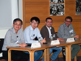 At an MIT workshop on the internet of things, experts discussed massive multiple-access. From left to right: Wei Yang of Qualcomm, Wei Yu of the University of Toronto, Giuseppe Durisi of Chalmers University, and Giuseppe Caire of the Technical University of Berlin.