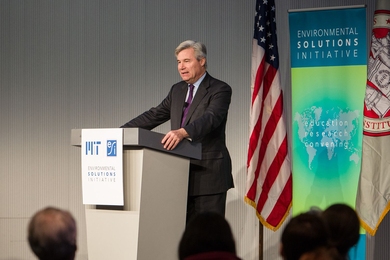 Senator Sheldon Whitehouse was the guest speaker at an MIT Environmental Solutions Initiative People and the Planet lecture.