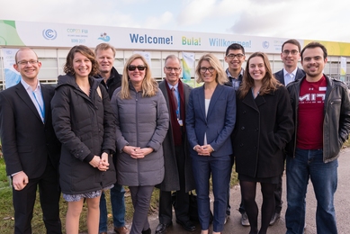 Members of the MIT delegation to the 2017 UN Climate Change Conference gather outside the venue in Bonn, Germany (l-r): Jonas Knapp, Laur Hesse Fisher, Michael Casey, Kathleen Kennedy, Thomas Malone, Jessika Trancik, Stephen Lee, Morgan Edwards, Tom Kiley, and Erick Pinos.